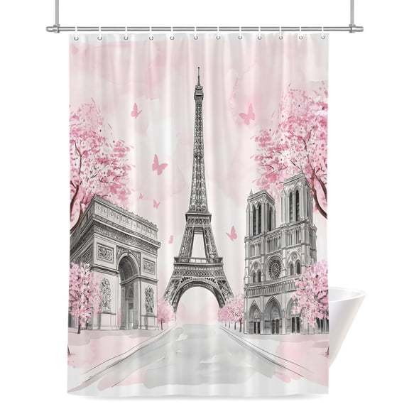 Shower Curtains for Bathroom-36"x72",Modern Pink Flower Paris Landmarks Waterproof Bath Curtain Grommet Shower Curtain Set with Hooks