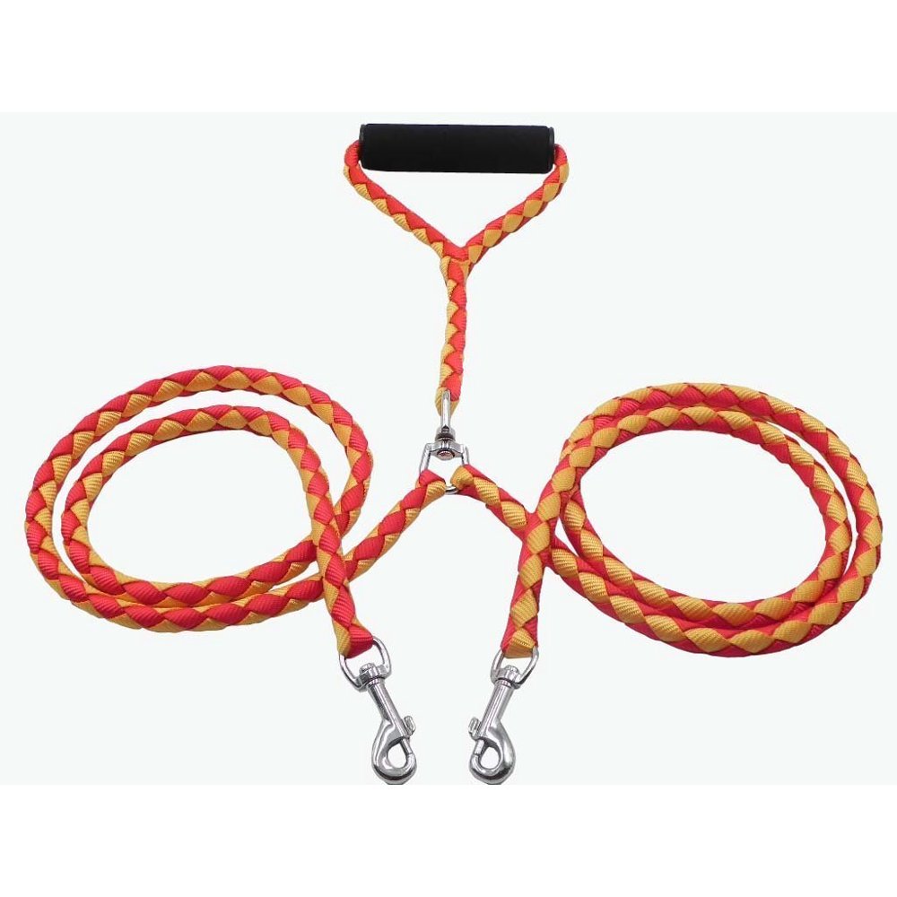 Nylon Braided Double Dog Leash with Padded Handle, Durable and Easy
