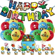 Super Mario Birthday Party Supplies,Super Mario Theme Birthday Party Decorations, Include Banner Cake Toppers Cupcake Toppers Balloons