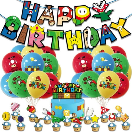 Super Mario Birthday Party Supplies,Super Mario Theme Birthday Party Decorations, Include Banner Cake Toppers Cupcake Toppers Balloons