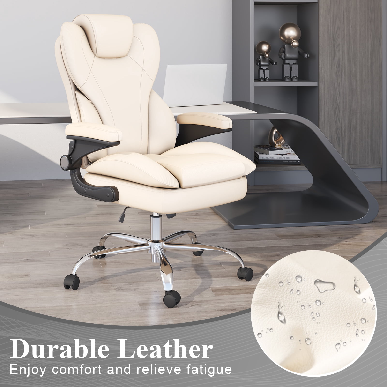 E-motie Home Office Chair with Flip-up Arms, Adjustable High Back Chair, Quiet Nylon Wheels, Beige