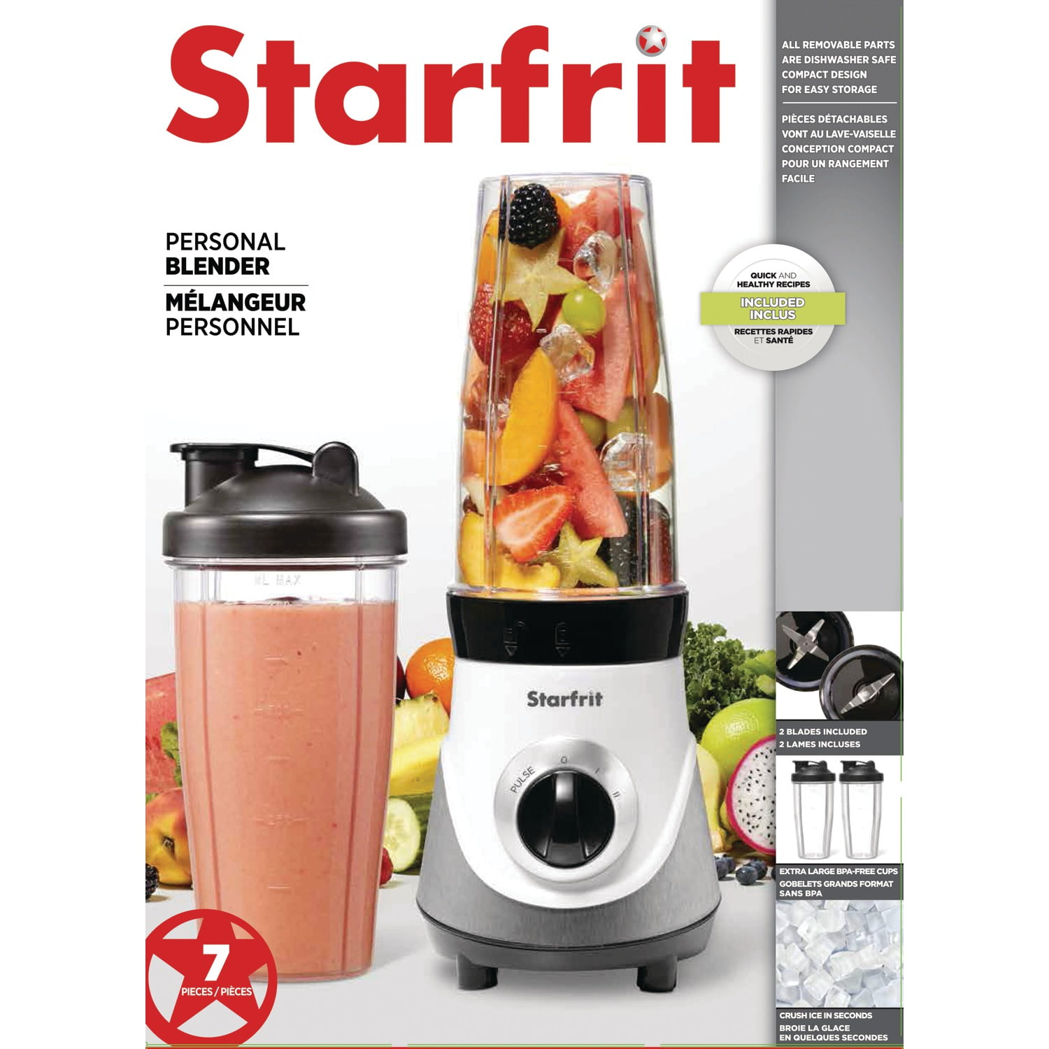 Starfrit 3-Speed 300-Watt Personal Blender with 2 Large 28-Oz. Cups & To-Go Lids, 024300-004-0000