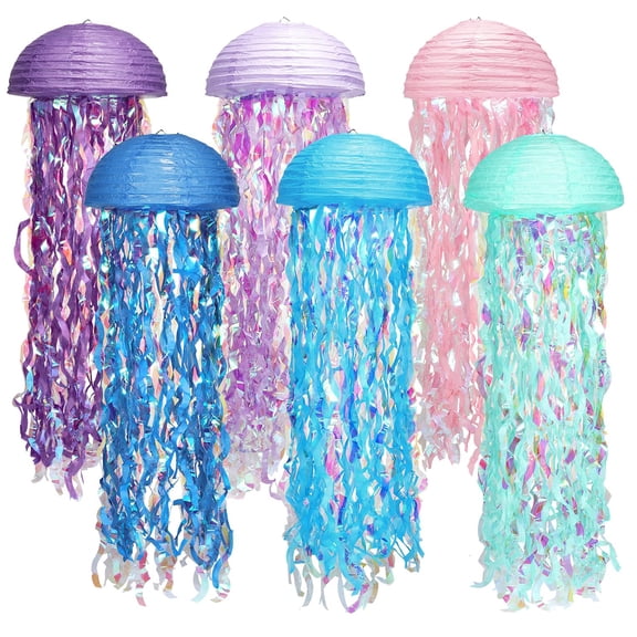 6 Pcs 10" Jellyfish Paper Lanterns, Pink Blue Purple Hanging Decorations for Mermaid Birthday Party, Under the Sea Theme, Ocean Beach Party, Baby Shower