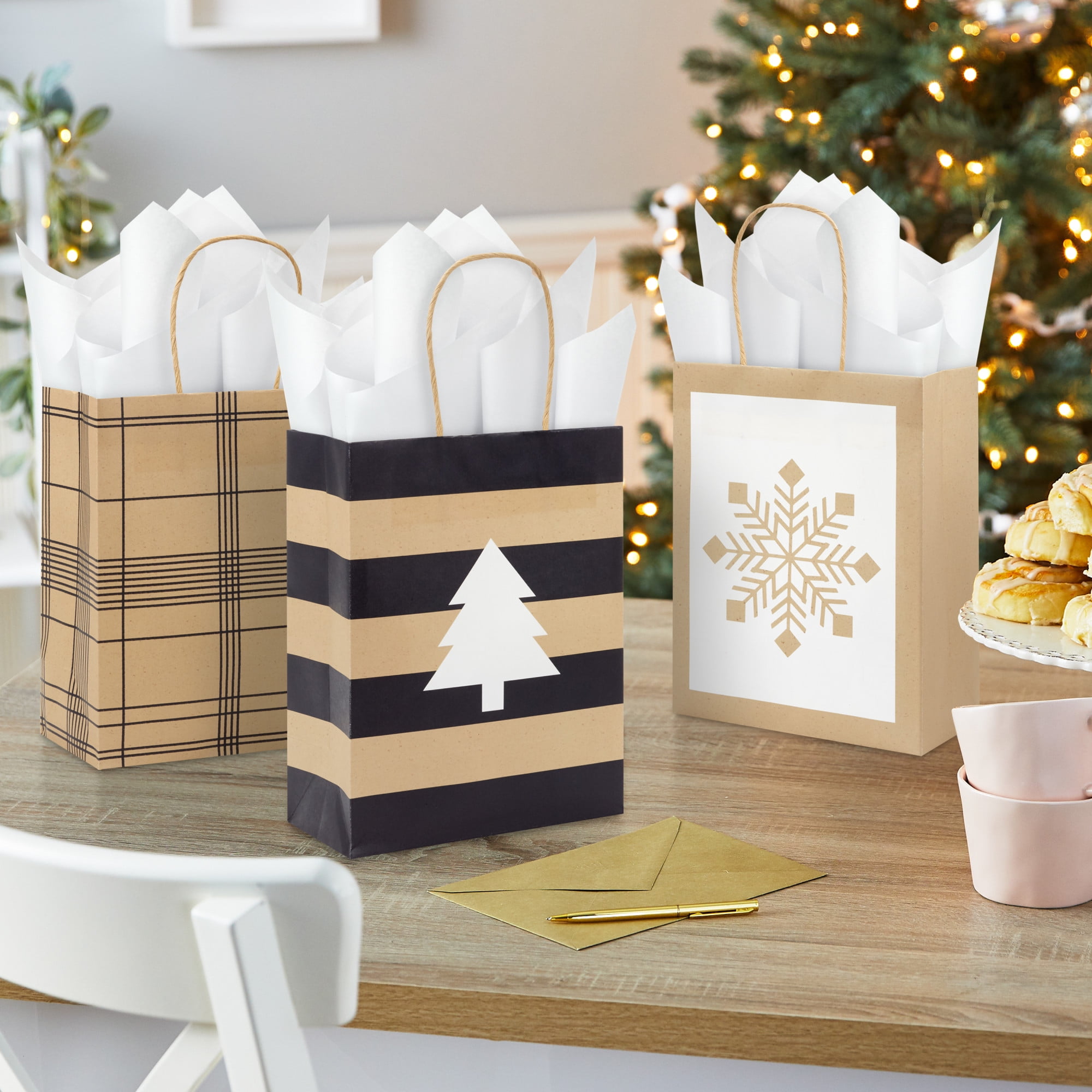 Paquet de 5 petits sacs-cadeaux, 7,8 po (Motifs neutres des fêtes) Sacs des fêtes en papier kraft