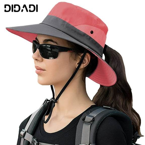 Outdoor Sun Hats for Women, DIDADI Wide Brim Tribe Sun Hats with Ponytail-Hole, Breathable UV-Protection Beach Hat, Foldable Mesh Bucket Hat , Packable Sunhats(Watermelon Red)