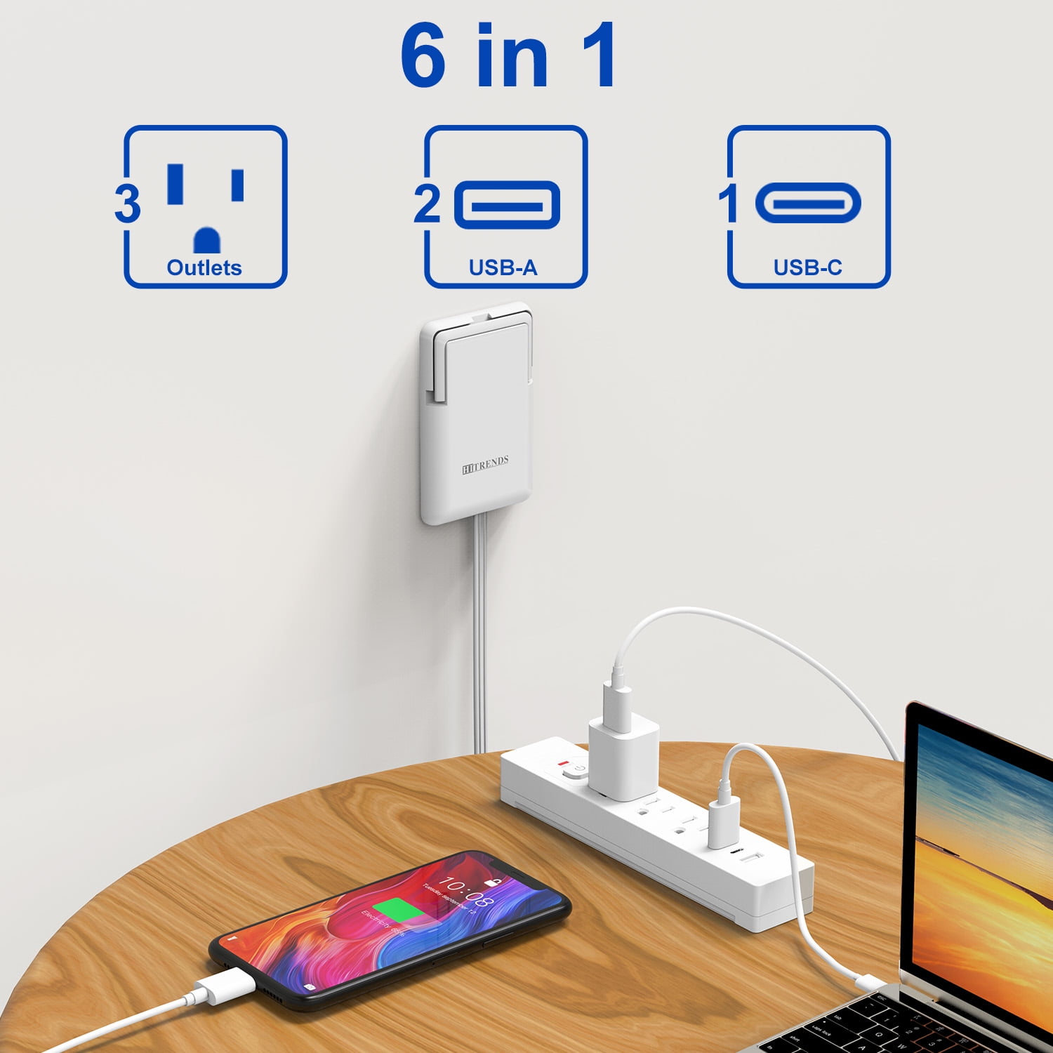 HITRENDS 6ft Ultra-Thin Flat Plug Power Strip, 3 Outlets & 3 Usb Ports, 1625W, Wall-Mounted Cord Organizer with Clips, UL Listed