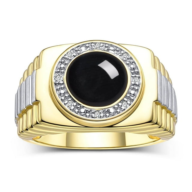 RYLOS Men's Rings 14K Yellow Gold Ring Cabochon Gemstone & Diamonds Designer Style Onyx Rings For Men Size 11