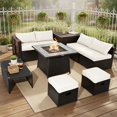 thumbnail image 4 of Resenkos 9-Piece Outdoor PE Wicker Patio Furniture Set with 50,000 BTU Propane Fire Pit Table, Tempered Glass Coffee Table & Storage Ottoman – Off-White Cushions, 4 of 6