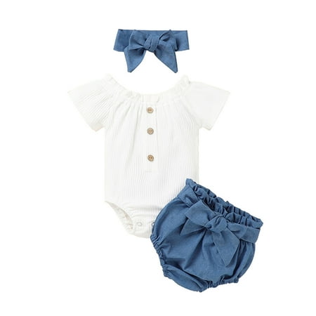 

Baby Girls Solid Ribbed Romper Shorts Hairband Outfits Set Sports Outfits for Kids