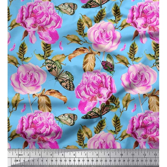 Soimoi Cotton Poplin Fabric Buttefly,Leaves & Rose Floral Printed Craft Fabric by the Yard 56 Inch Wide