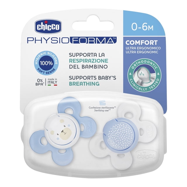 chicco chupones physioforma comfort azul 0-6m 2 pzas chicco physioforma Pack frontal de dos chupones azul para 0–6 meses con tetina ortodóntica de silicón extra suave, escudos ergonómicos con orificios para respiración, aros de sujeción y estuche esterilizador transparente en embalaje blanco y azul; a menudo usado para transporte higiénico durante salidas cortas.