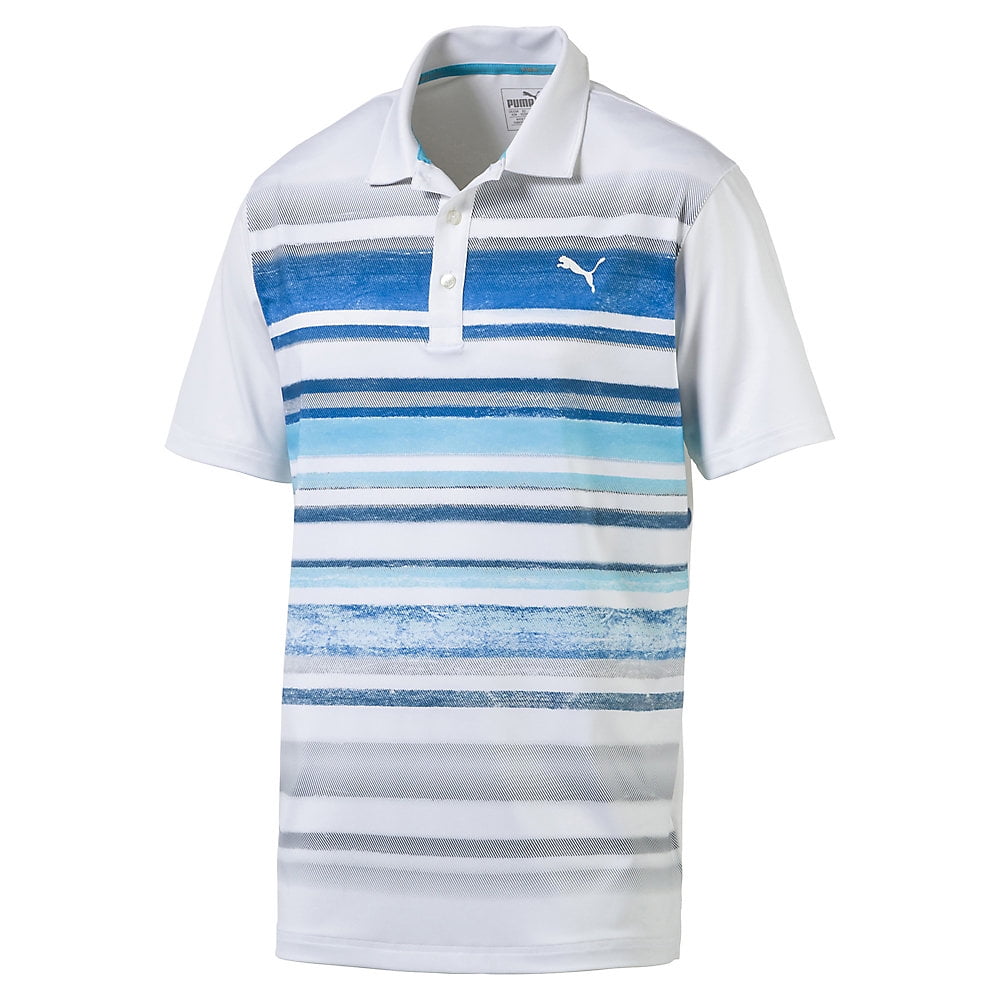blue and white striped golf shirt