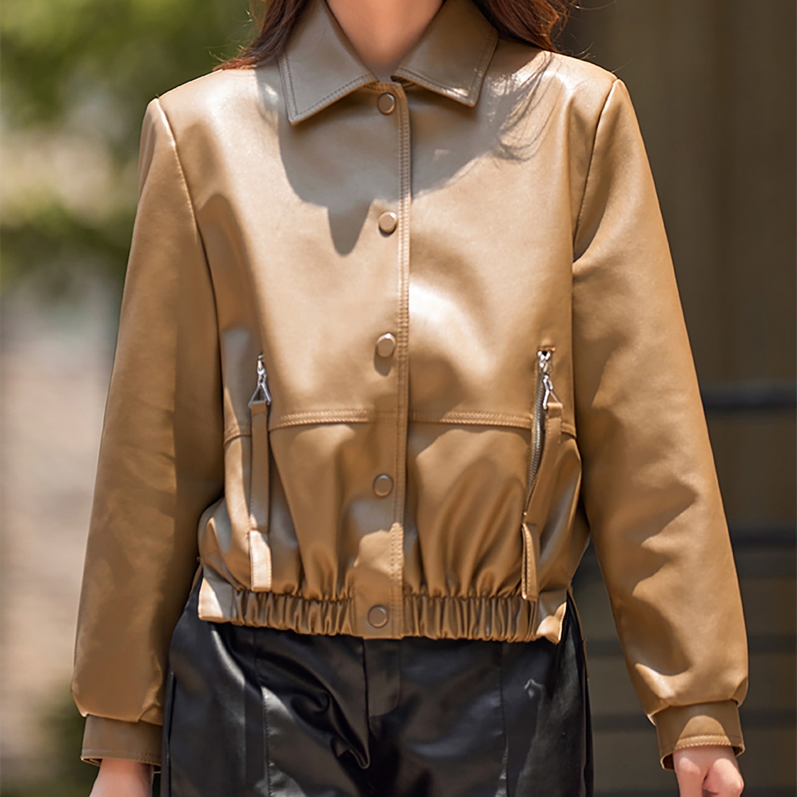 Cropped Faux Leather Jacket for Women Button Down Cool Motorcycle Short Jacket Long Sleeve Casual Crop Outwear (Large, Khaki)