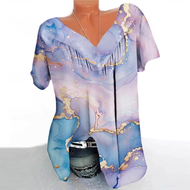Fiudx Camisas para Mujer Blusa Estampada con Cuello En V y Mangas Cortas Informales para Mujer a La Moda, Blusas con Pliegues