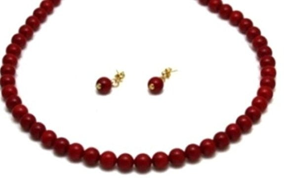 Coral Set .8 mm Coral Beads Necklace and Matching Earring. 14 k Gold Earingr with Post by GINO