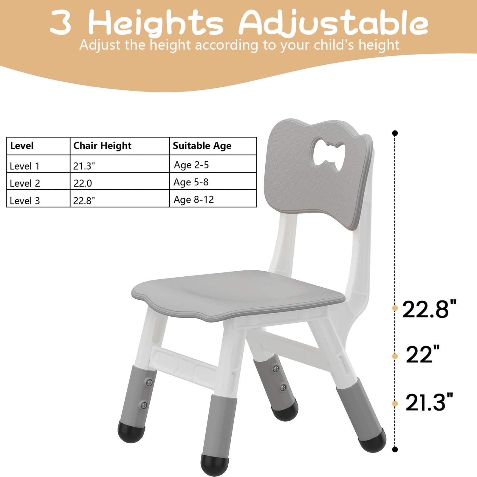 Adjustable Kids Chair 2 Pack, 3 Level Height Adjustable Anti-Slip Plastic Toddler Chair for Boys Girls Children Age 2-8, Suitable for Indoor or Outdoor Home School Daycare Nursery Use