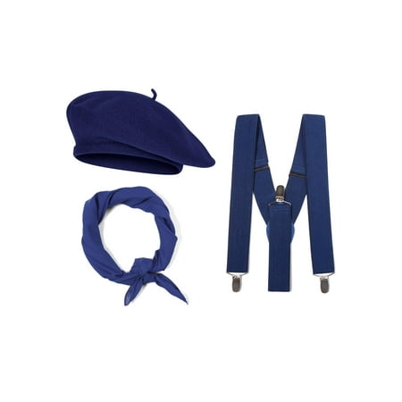 French Costume Kit, Navy Beret, Navy Suspenders, Navy Bandana