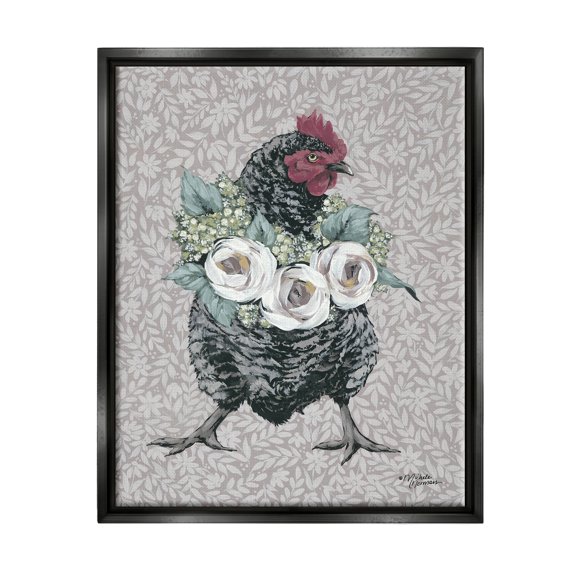 Stupell Industries Floral Patterned Hen Animals & Insects Painting Black Floater Framed Canvas Art Print Wall Art, 25 x 31