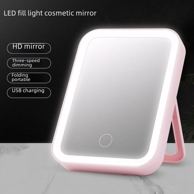 Espejo de maquillaje de escritorio LED, espejo pequeño portátil plegable con luz, espejo de maquillaje pequeño de escritorio, espejo para estudiantes