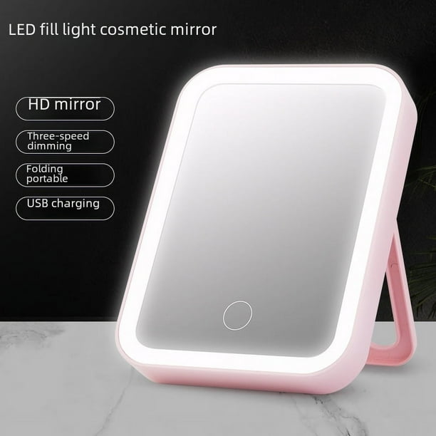 Espejo de maquillaje de escritorio LED, espejo pequeño portátil plegable con luz, espejo de maquillaje pequeño de escritorio, espejo para estudiantes