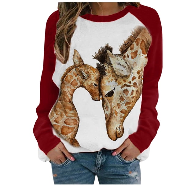 Blusa cómoda de manga larga con cuello redondo y estampado de jirafa para mujer a la moda Fridja fksj2467
