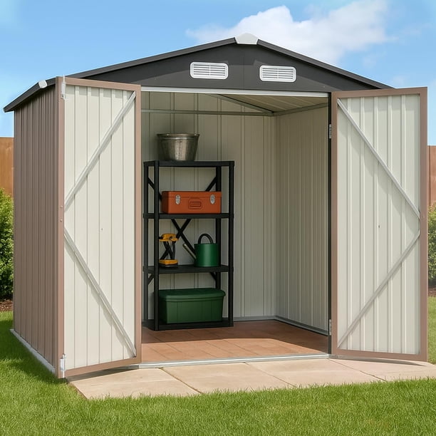 8x6 FT Cobertizo de Almacenamiento Exterior Metálico,con Puertas Dobles con Cerradura y Ventanas de Ventilación para Almacenamiento de Equipos de Jardín,Patio y Trasero