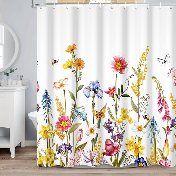 MIZHONA Floral Shower Curtain Spring Butterfly with Flowers Fabric Bathroom Curtain 72x72 in