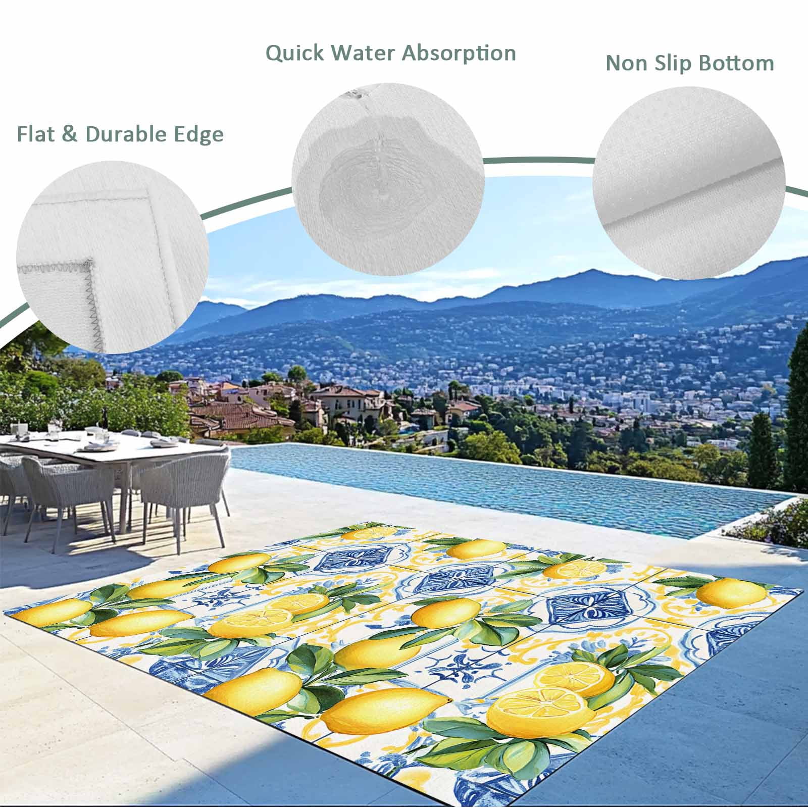 Fsddascl Botanical Lemon Outdoor Rug for Patio/Deck/Porch, Non-Slip Large Area Rug 4 x 6 Ft, Spring Countryside Floral Blue Tile Indoor Outdoor Rugs Washable Area Rugs, Reversible Camping Rug Carpet