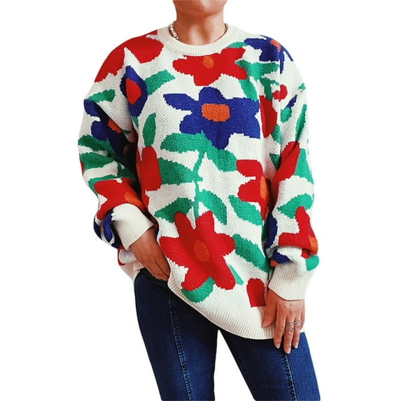 Seyurigaoka Womens Knit Pullover 2000s Aesthetic Floral Sweater Round Neck Long Sleeve Tops Winter Fashion Grunge Fairy Jumper