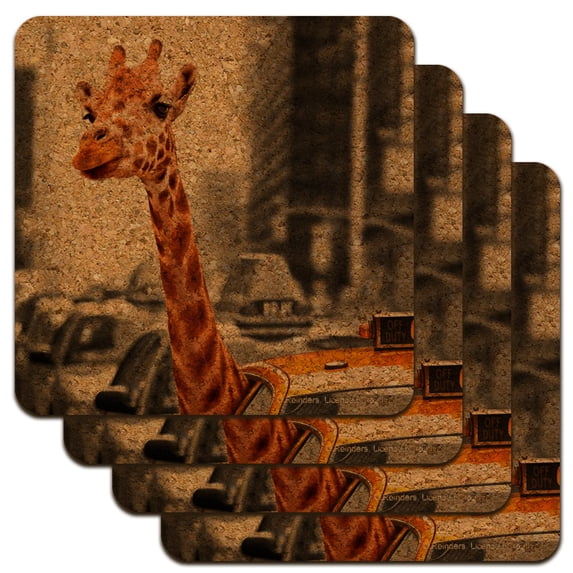 Giraffe in Taxi Low Profile Novelty Cork Coaster Set