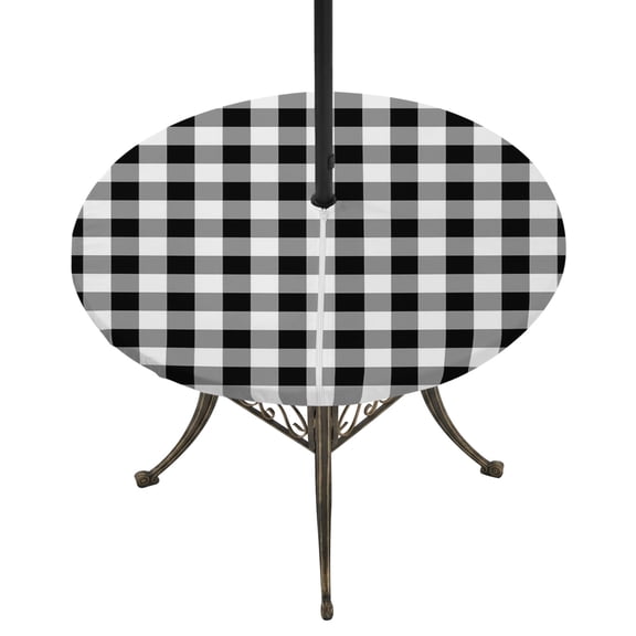 Round Outdoor Tablecloth with Umbrella Hole and Zipper, Farmhouse Checkered Tablecloth with Elastic Waterproof, Black White Buffalo Plaid Patio Table Covers for 55" - 60" Picnic Pool Tables