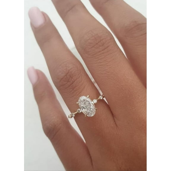 Solitaire Brilliance 2.50CT Elongated Oval Solitaire Dainty Pave Moissanite Engagement Ring, Distance Pave Ring, Gift Ring, 10k Yellow Gold, Ring Size 4