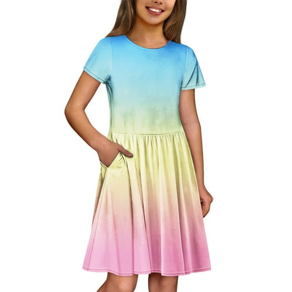 XADYUY Summer Dress for Girls 14-16 Casual A-Line Short Sleeve Tie Dye Midi Dress Cute Crew Neck Swing Flare Twirly Dresses with Pockets for 4-14t Kids,Beige 13-14 Years