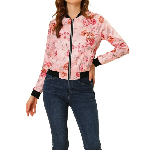 INSPIRE CHIC Women's Bomber Jacket Slim Fit Lightweight Zip Up Jacket L Pink
