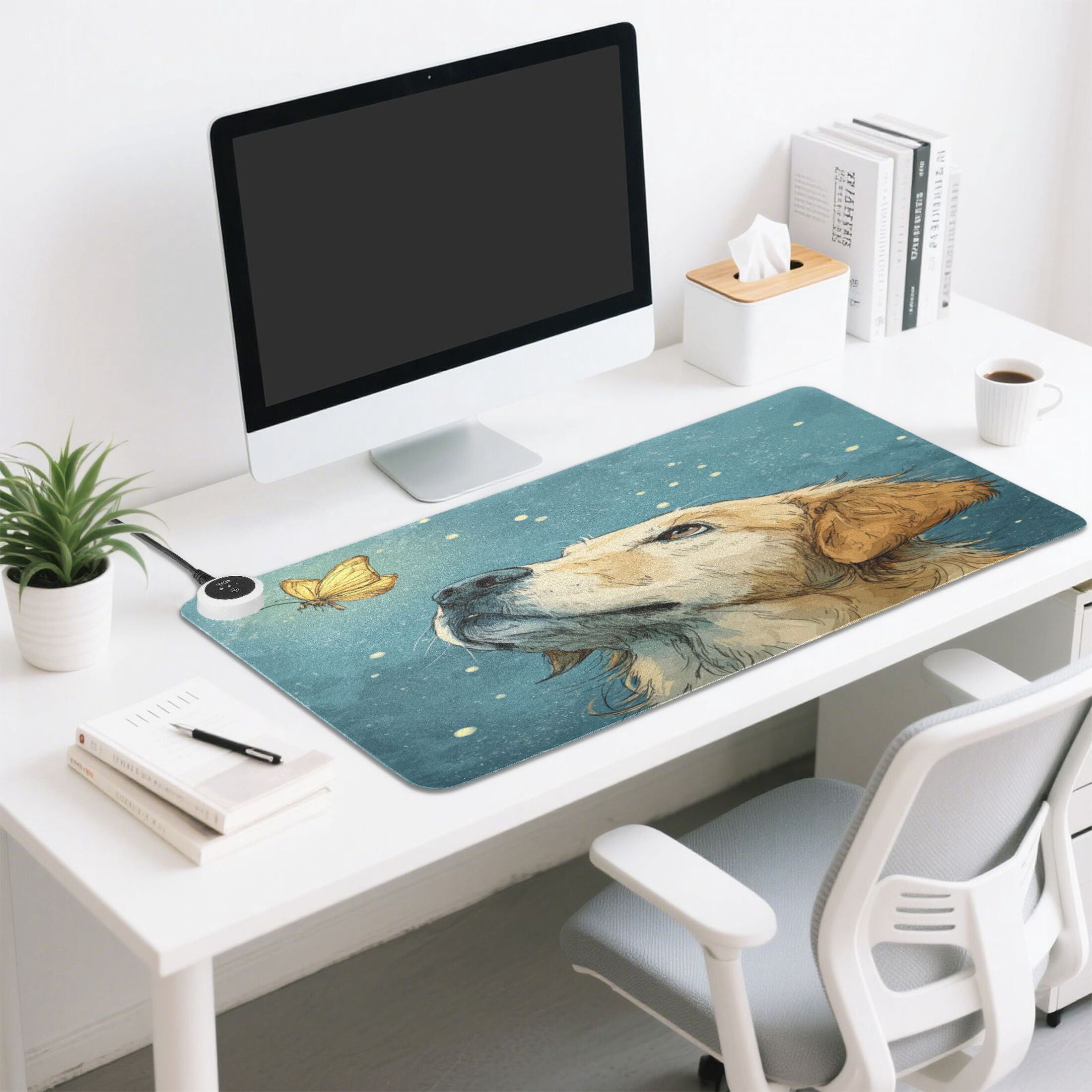 Large Heated Desk Mat Mouse Pad 31.5"x13"PU Leather Graphene Heating Desk Warmer with 3 Temperature Settings 110V US Plug Non-Slip Warm Pad for Home, Office, and Gaming Butterfly Kisses for A Pup