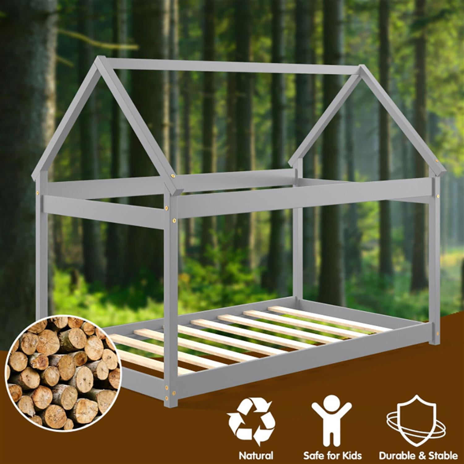 Demi Bonn Stable Floor Bed Frames with Roof ang Heavy-Duty Slats, Modern House Bed for Teens, Gray