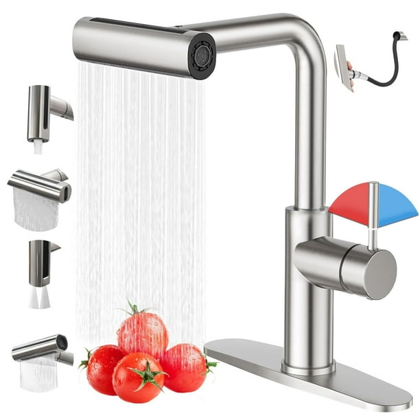 Llaves para Fregadero de Cocina De Acero Inoxidable, Mezcladora para Fregadero Extraible, Grifo de Cocina Con 2 Mangueras Fría y Caliente, Monomando para Fregadero Con Rociador de 4 Modos