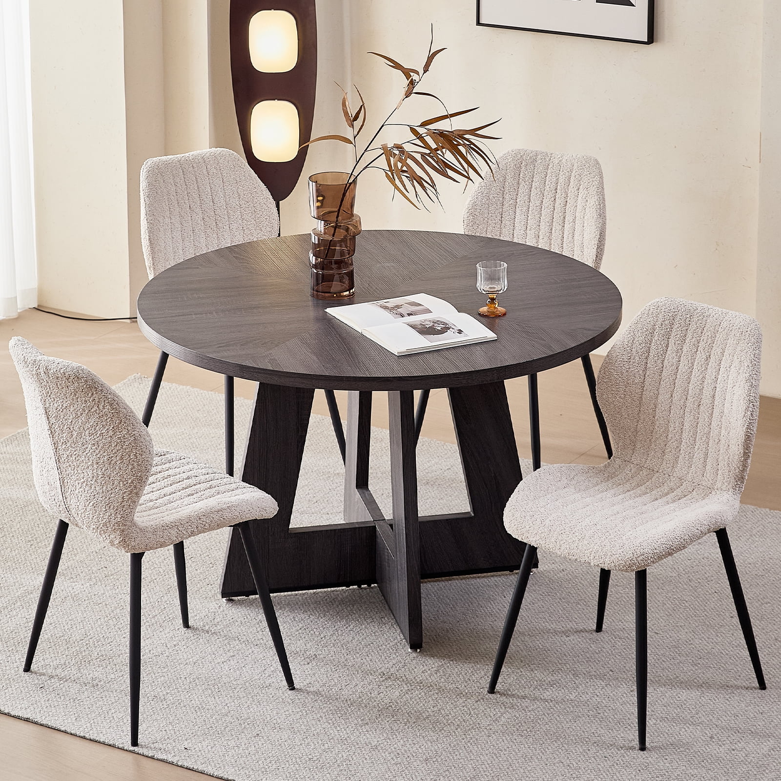 5 Piece 47'' Round Dining Table Chairs Set for 4, Farmhouse Gray Kitchen Table with 4 Boucle Mid Century Modern Dinning Room Chairs, Wood Dinner Table &Upholstered Chair Set of 4, Beige