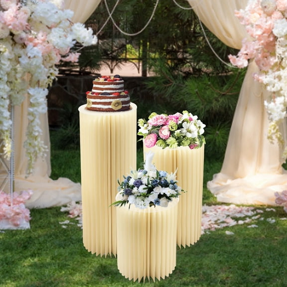 3pcs Foldable Paper Column Display Stands w/ Light, Cylinder Flowers Stand, Dessert Table, Columns Display for Wedding Party Garden Decor