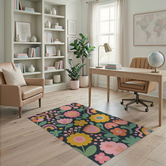 ODIKA 4'x6' Black Pink Vintage Floral Symphony Design Washable Area Rug Elegant Maximalist Patterns with Retro Touch Pet Friendly, Non-Shedding for Bedroom, Reading Nook