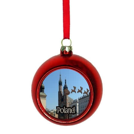 Krakow Christmas Santa Klaus and Sleigh Riding Over Main Market Square Krakow, Poland Red Bauble Christmas Ornament Ball ()