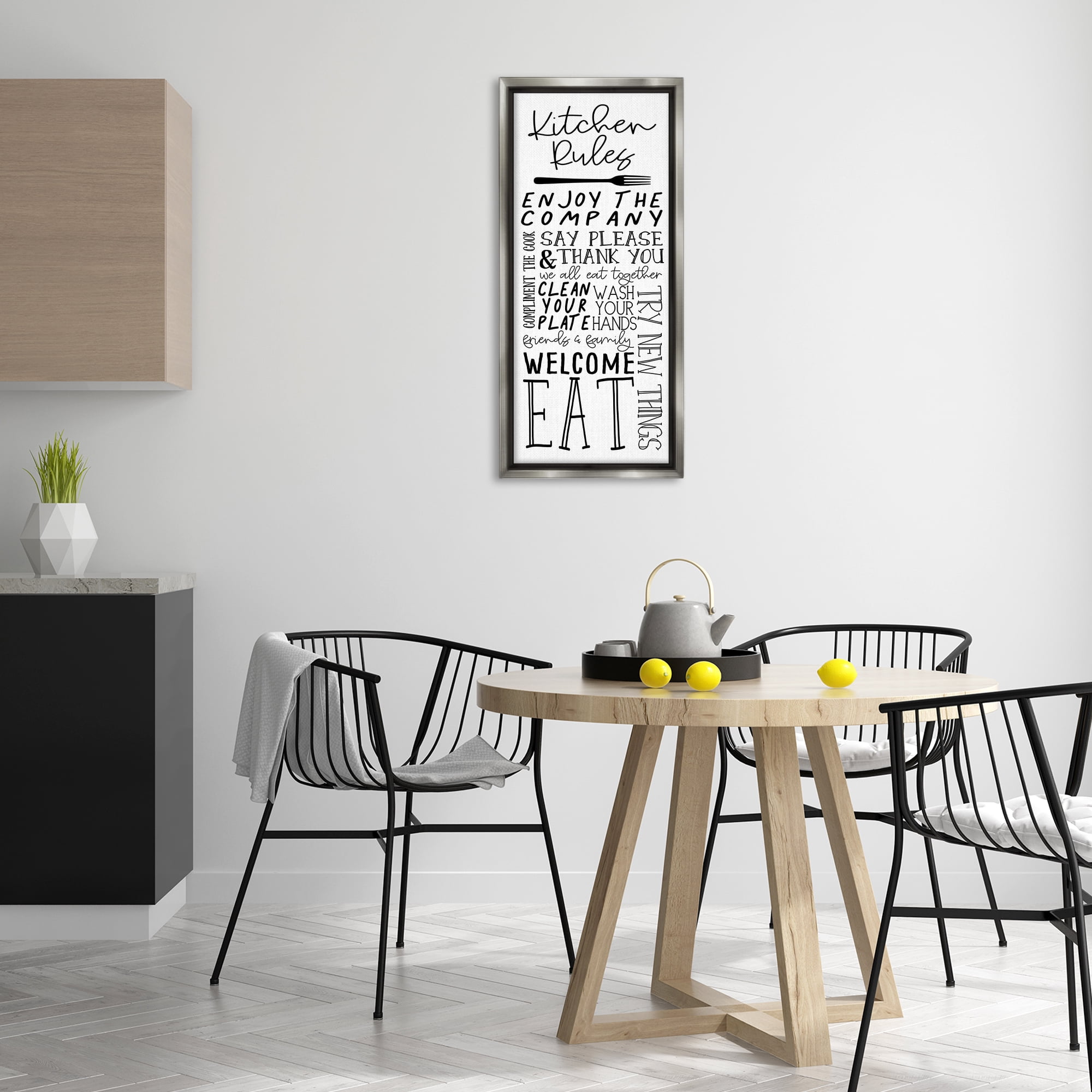 Stupell Industries Kitchen Rules Typography Food & Beverage Painting Gray Floater Framed Canvas Art Print Wall Art, 14 x 31