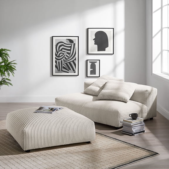 Solace Modular Corduroy Upholstered Armless Loveseat and Ottoman Set in Almond