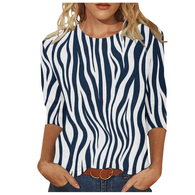 Pompotops T-shirt de Mode pour Femme Mi-Long Manches 3/4 Blouse Col Rond Hauts Décontractés Liquidation
