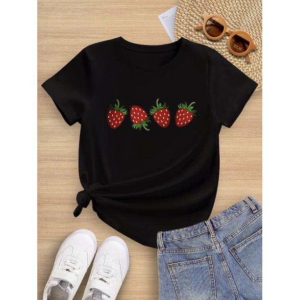 Four Large Strawberry Print Girls Summer Short Sleeve T-Shirt, Soft, Elastic And Comfortable Crew Neck Short Sleeve T-Shirt, Girls Casual Outdoor Sports Summer Top, Suitable for 7-14 Years Old