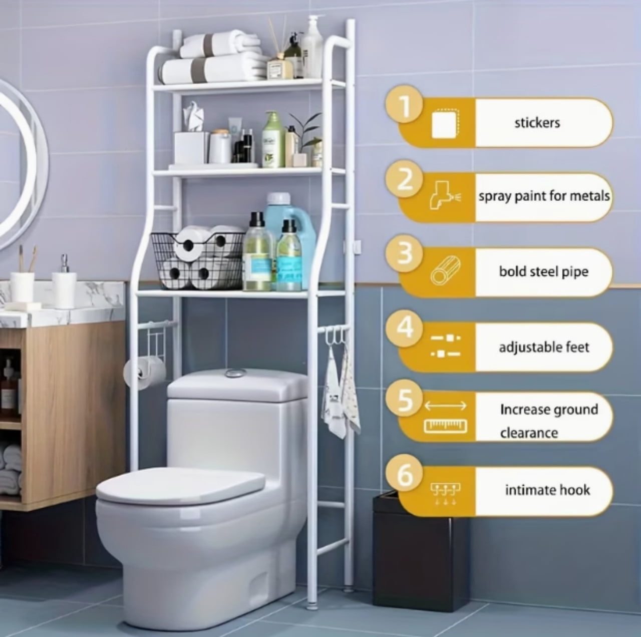 3-Tier Over the Toilet Storage Shelf, Metal Bathroom Shelves Over the Toilet Bathroom Organizer, No Drill Space Saving Toilet Rack