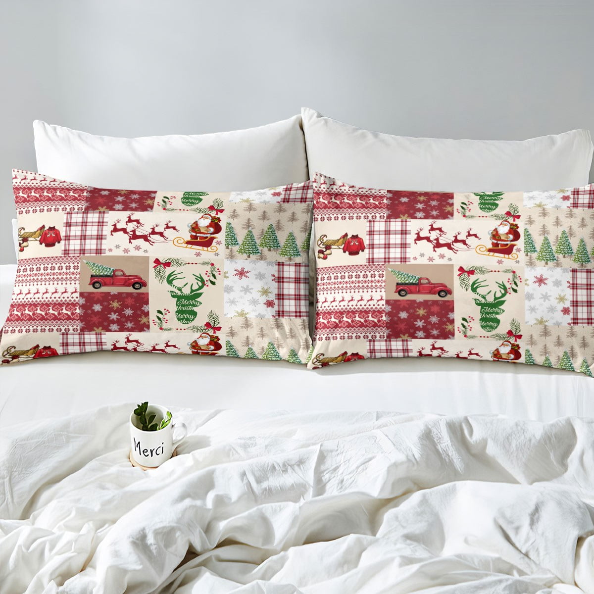 Yst Christmas Bedding Sets Full Xmas Tree Santa Claus Deer Snowflake Comforter Cover Red Check Plaid Duvet Cover Christmas Bedroom Decor winter Festiv