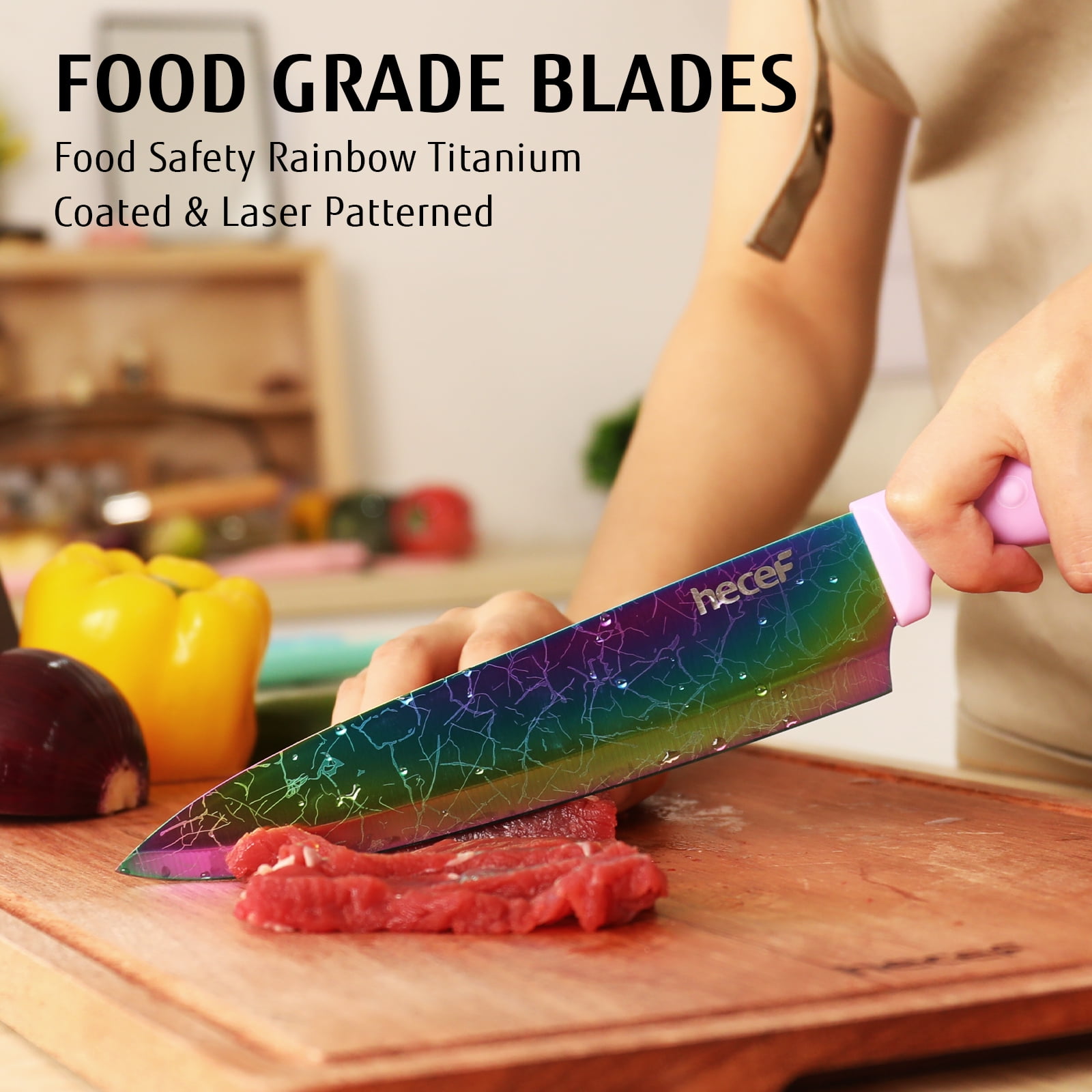 Hecef 14-Piece Stainless Steel Kitchen Knife Set with Rainbow Titanium Coating Slicing Chef Knives