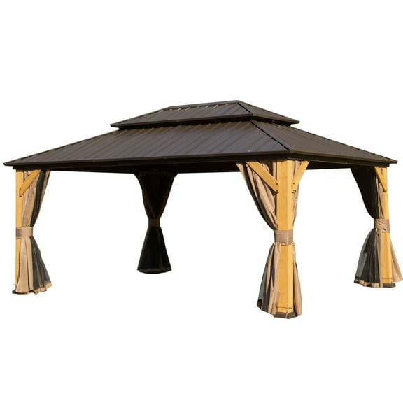 Miekor Furniture 12x16FT Cedar Wood Gazebo, Solid Wood Hardtop Gazebo with Galvanized Steel Double Roof, Netting & Curtains, Outdoor Gazebo for Patio, Backyard, Deck, Lawns 0064