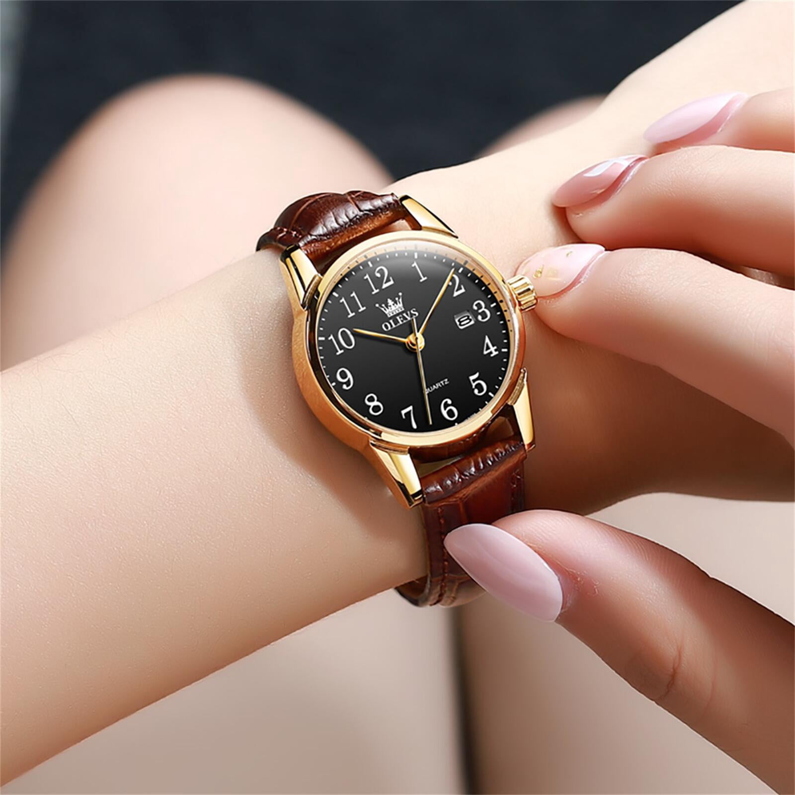 OLEVS Watches for Women Luxury Dress Analog Quartz Easy Read Digital Date Classic Luminous Brown Leather Strap Waterproof Female Wrist Watches Relojes para Mujer
